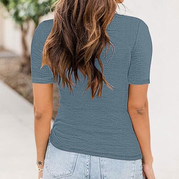 NWT - PIIRESO Women's Short Sleeve Ribbed Henley Top, Grey Blue - Size Small - Picture 3 of 13